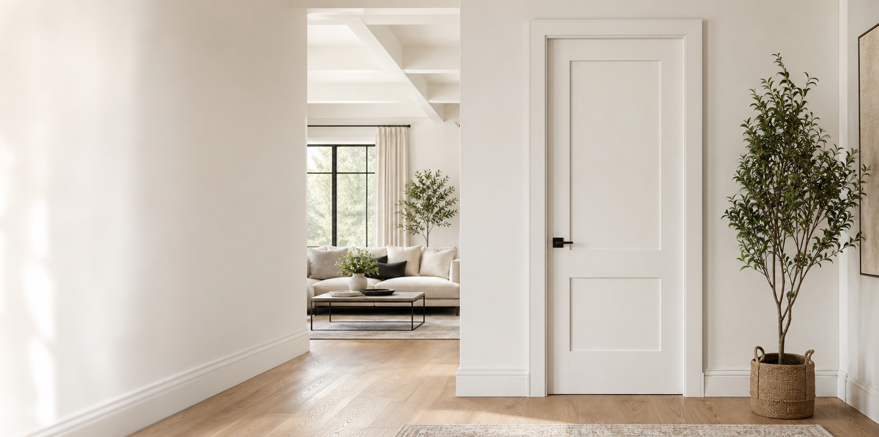 Modern interior hallway with a white shaker door