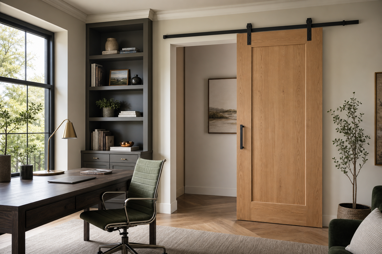 Modern home office with natural wood barn door