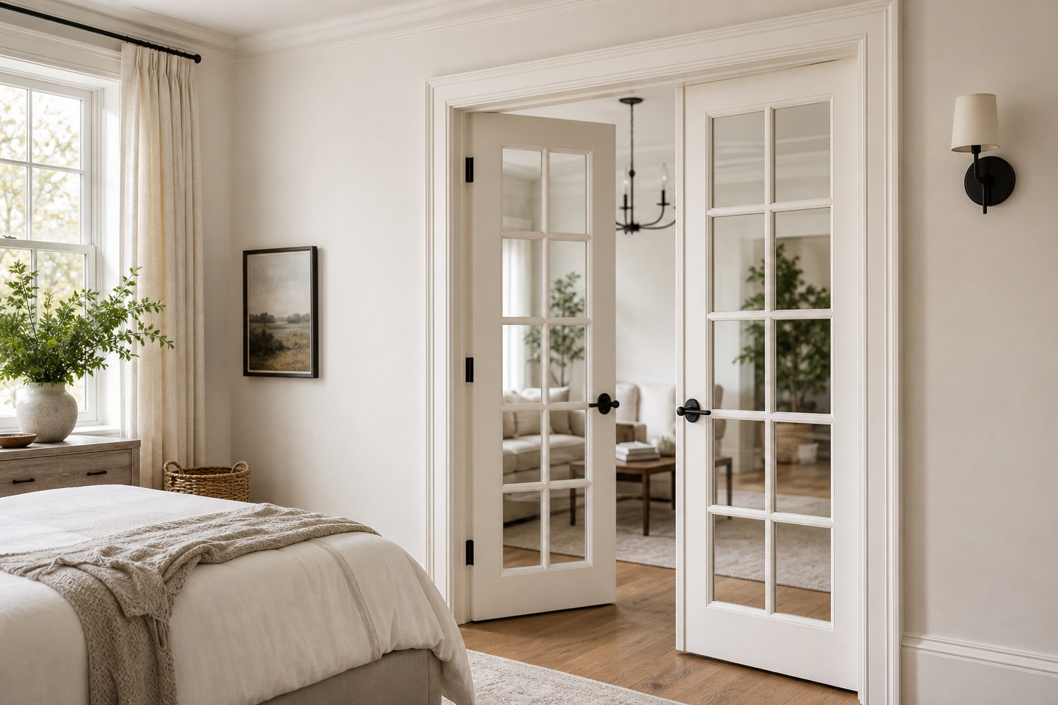 Bedroom with white French interior doors